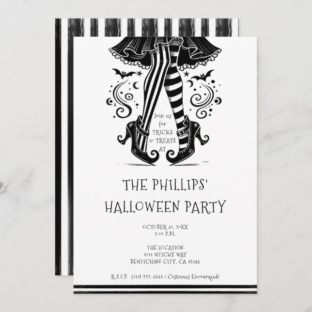 Black & White Witch Legs Whimsical Halloween Party Invitation (Front/Back)