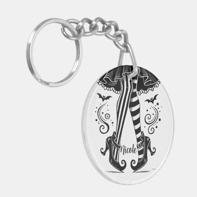 Black & White Witch Legs Whimsical Halloween Party Key Ring (Front Left)