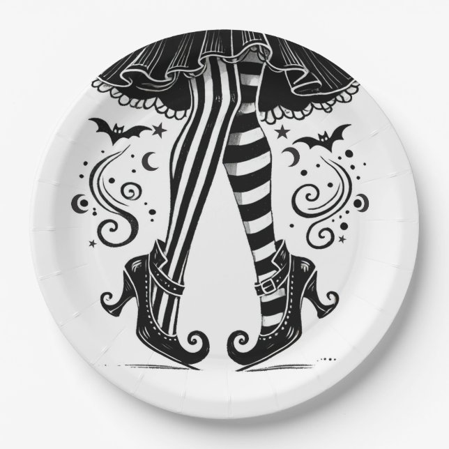 Black & White Witch Legs Whimsical Halloween Party Paper Plate (Front)