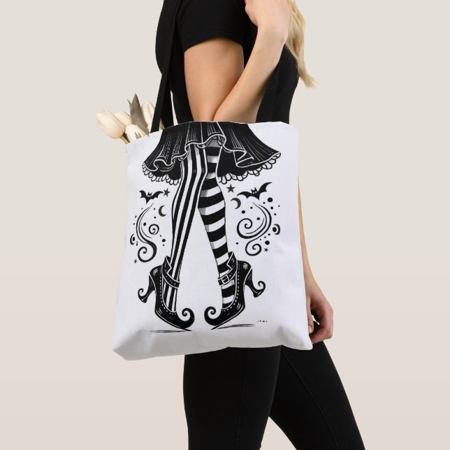 Black & White Witch Legs Whimsical Halloween Tote Bag (Close Up)