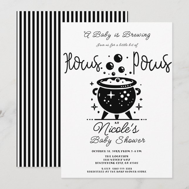 Black White Witchy Cauldron Halloween Baby Shower Invitation (Front/Back)
