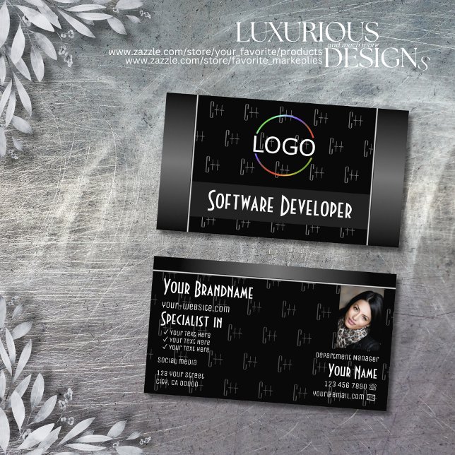 Black White with Logo Photo and Letters Pattern Business Card (Creator Uploaded)