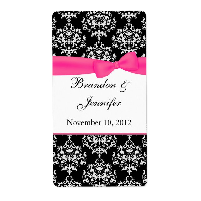 Black & White with Pink Damask Mini Wine Labels (Front)