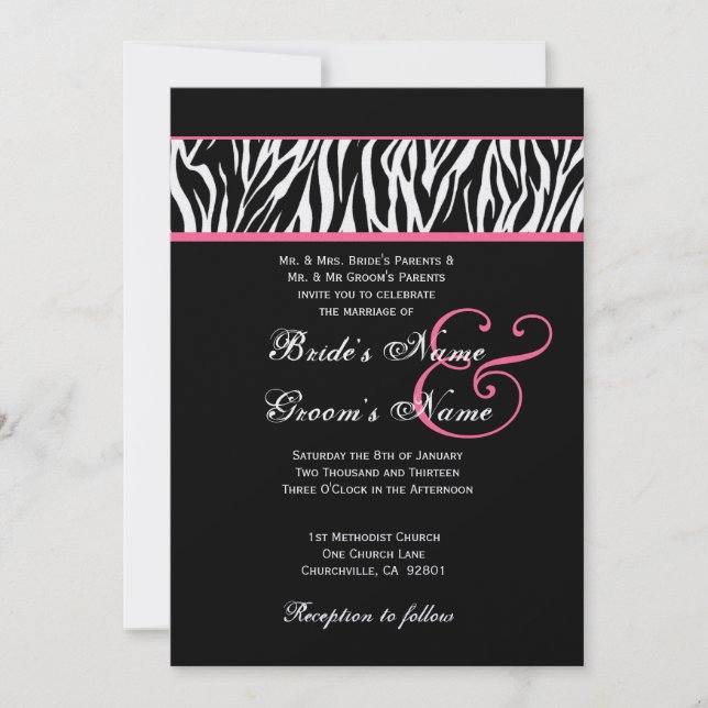 Black White with Pink Zebra Wedding Metallic Paper Invitation (Front)