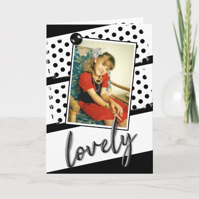 Black white with polka dots lovely birthday photo card (Front)
