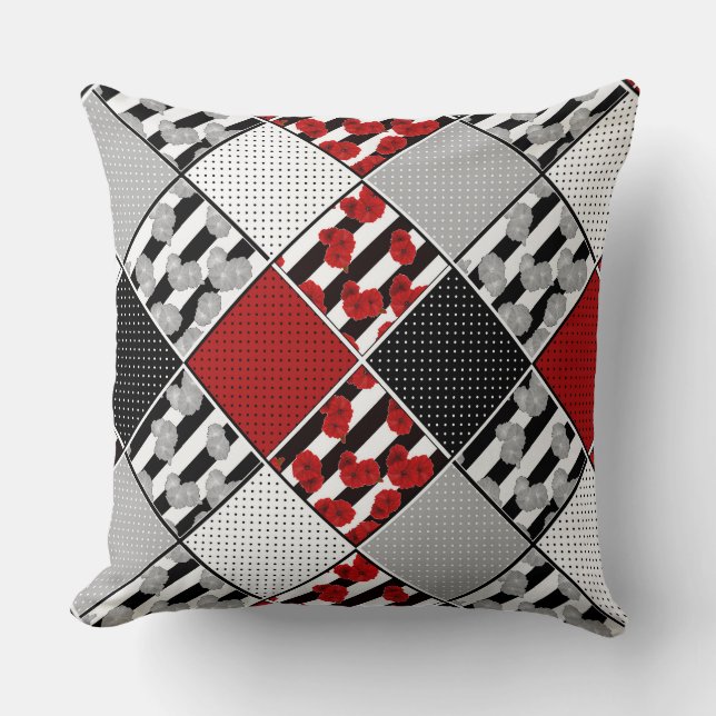 Black white with red retro patchwork cushion (Front)