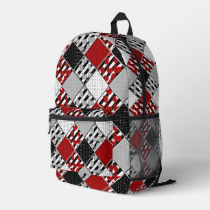 Black white with red retro patchwork printed backpack