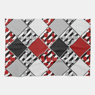Black white with red retro patchwork tea towel