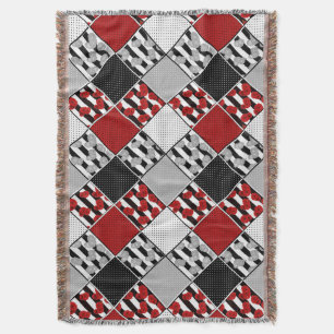 Black white with red retro patchwork throw blanket