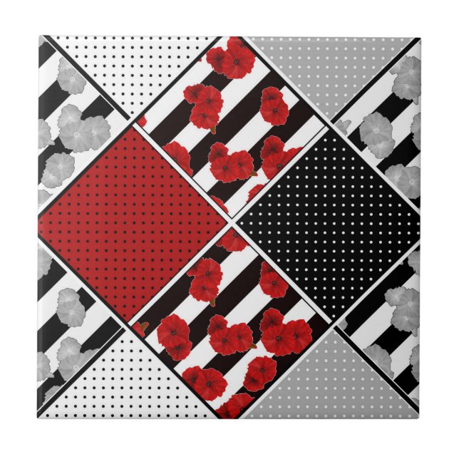 Black white with red retro patchwork tile (Front)