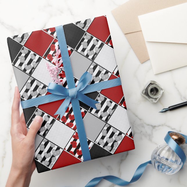 Black white with red retro patchwork wrapping paper (Gifting)