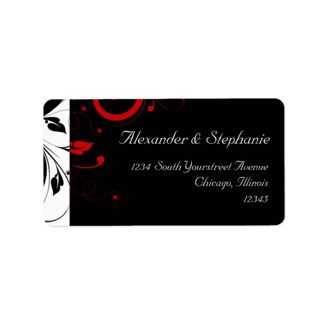 Black +White with Red Reverse Swirl Wedding Label (Front)