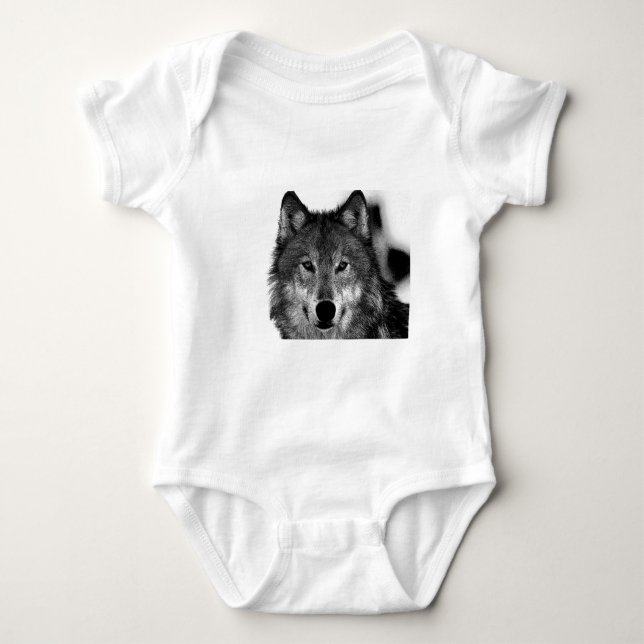 Black & White Wolf Artwork Baby Bodysuit (Front)