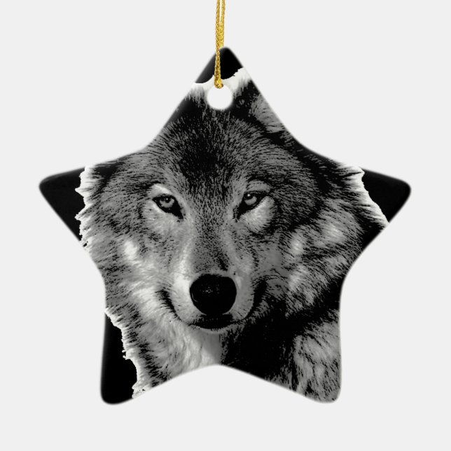 Black & White Wolf Artwork Ceramic Tree Decoration (Front)
