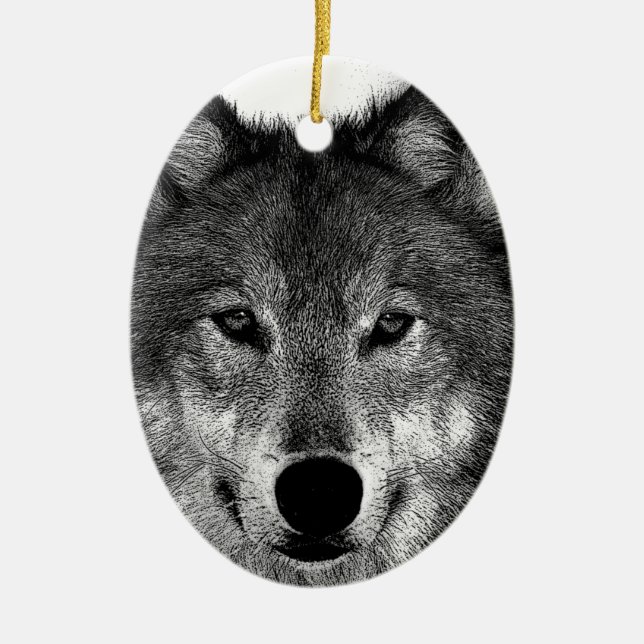 Black & White Wolf Artwork Ceramic Tree Decoration (Front)