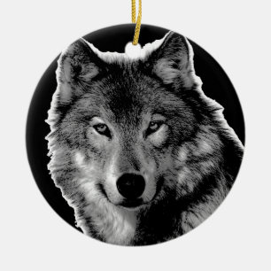 Black & White Wolf Artwork Ceramic Tree Decoration
