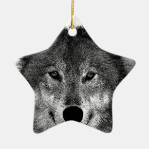 Black & White Wolf Artwork Ceramic Tree Decoration