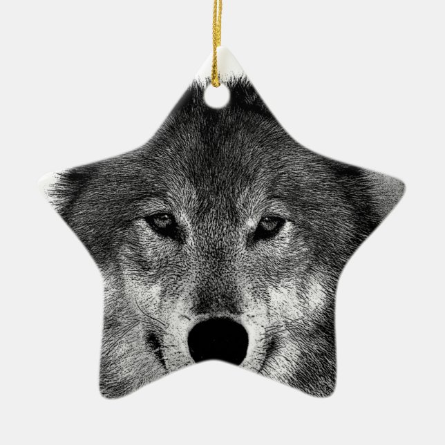 Black & White Wolf Artwork Ceramic Tree Decoration (Front)