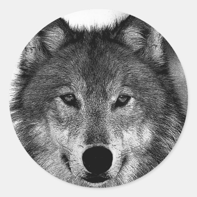 Black & White Wolf Artwork Classic Round Sticker (Front)