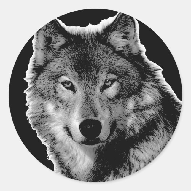 Black & White Wolf Artwork Classic Round Sticker (Front)