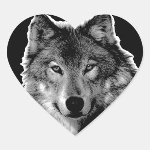Black & White Wolf Artwork Heart Sticker