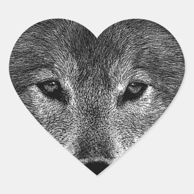 Black & White Wolf Artwork Heart Sticker (Front)