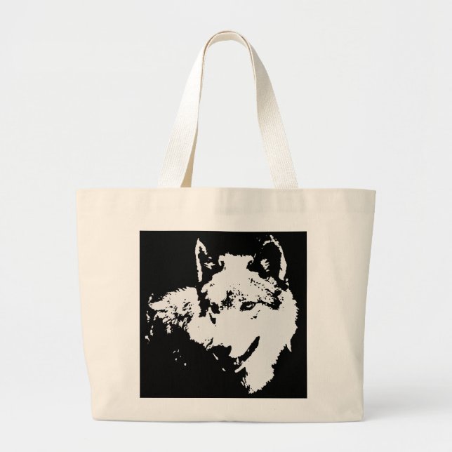 Black & White Wolf Artwork Large Tote Bag (Front)