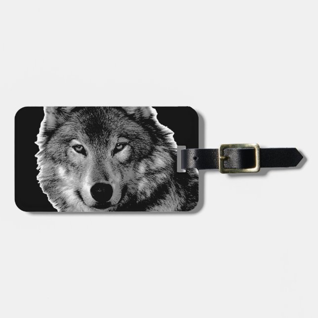 Black & White Wolf Artwork Luggage Tag (Front Horizontal)