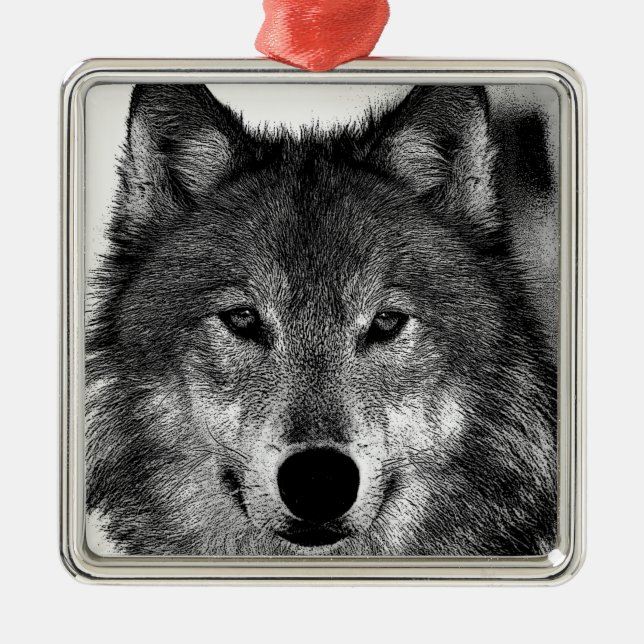 Black & White Wolf Artwork Metal Tree Decoration (Front)