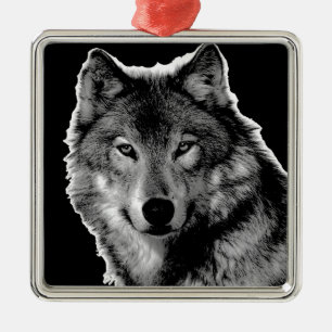 Black & White Wolf Artwork Metal Tree Decoration