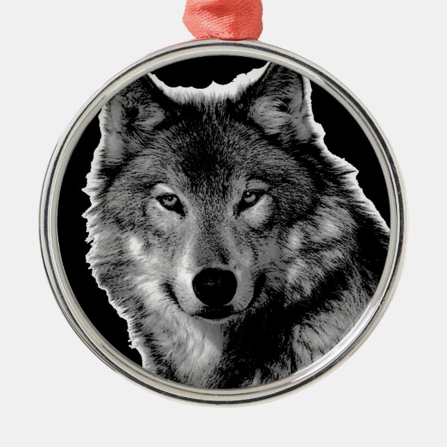 Black & White Wolf Artwork Metal Tree Decoration (Front)