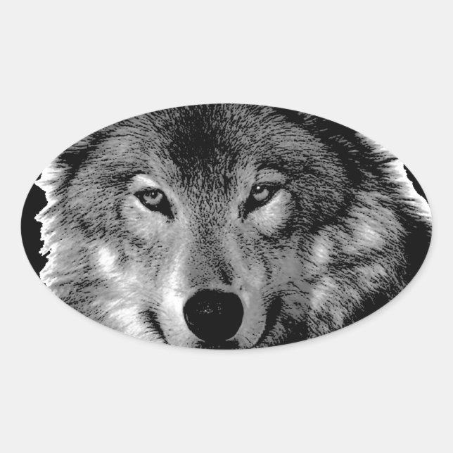 Black & White Wolf Artwork Oval Sticker (Front)