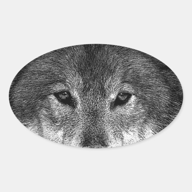 Black & White Wolf Artwork Oval Sticker (Front)