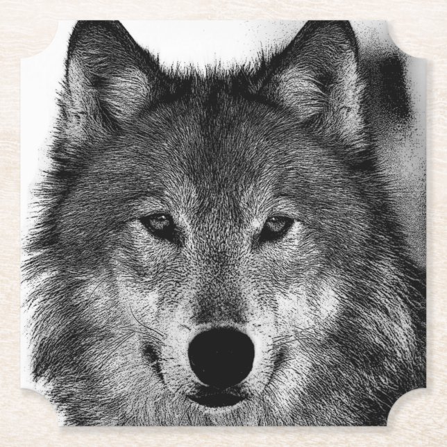 Black & White Wolf Artwork Paper Coaster (Front)