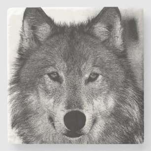 Black & White Wolf Artwork Stone Coaster