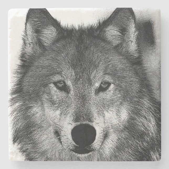 Black & White Wolf Artwork Stone Coaster (Front)