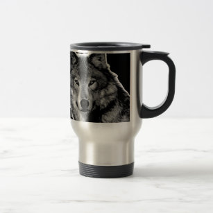 Black & White Wolf Artwork Travel Mug