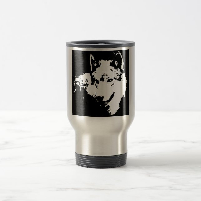 Black & White Wolf Artwork Travel Mug (Center)