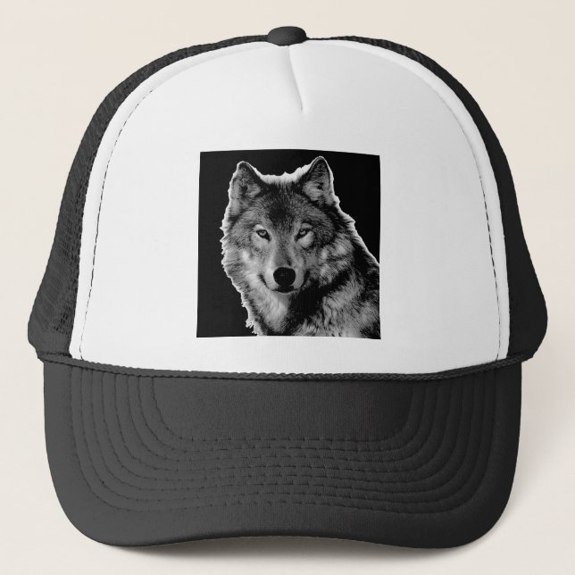 Black & White Wolf Artwork Trucker Hat (Front)