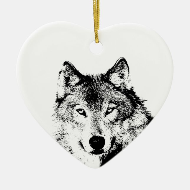 Black & White Wolf Ceramic Tree Decoration (Front)