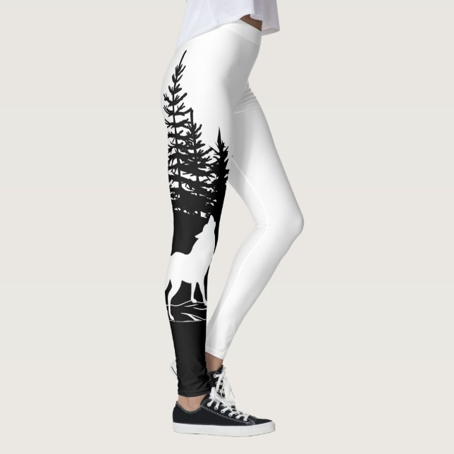 Black White Wolf Design Leggings (Right)