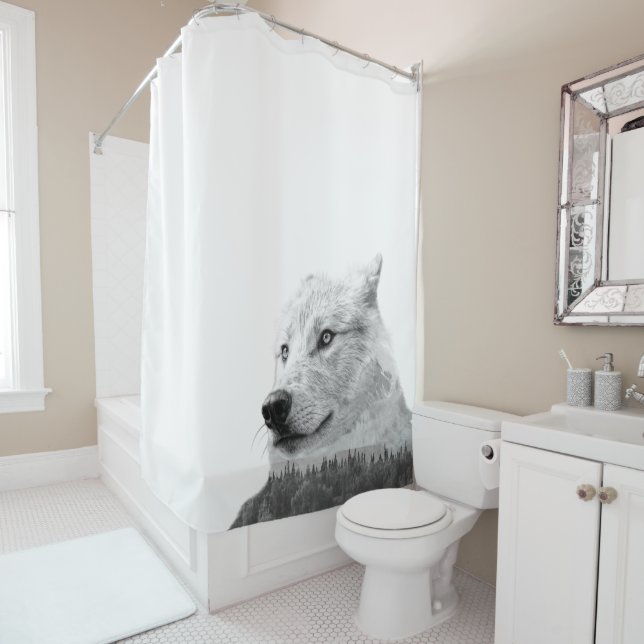 Black White Wolf Double Exposure Forest Rustic Shower Curtain (In Situ)