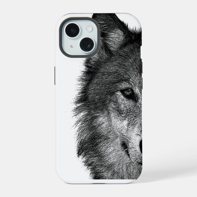 Black & White Wolf Eye Artwork iPhone 15 Case (Back)