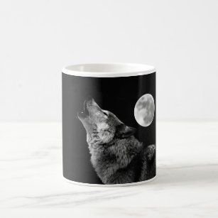 Black White Wolf Howling at Moon Coffee Mug