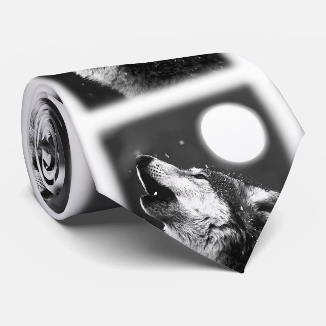 Black White Wolf Howling at Moon Tie (Rolled)