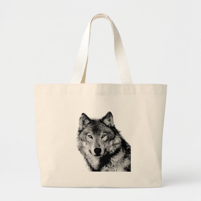 Black & White Wolf Large Tote Bag (Front)