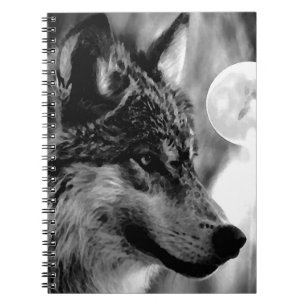 Black & White Wolf, Moon & Night Notebook