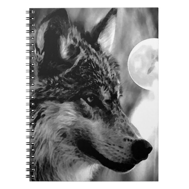 Black & White Wolf, Moon & Night Notebook (Front)