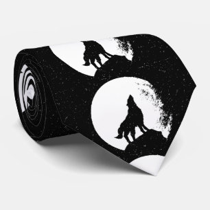 Black White Wolf & Moon Silhouette Tie