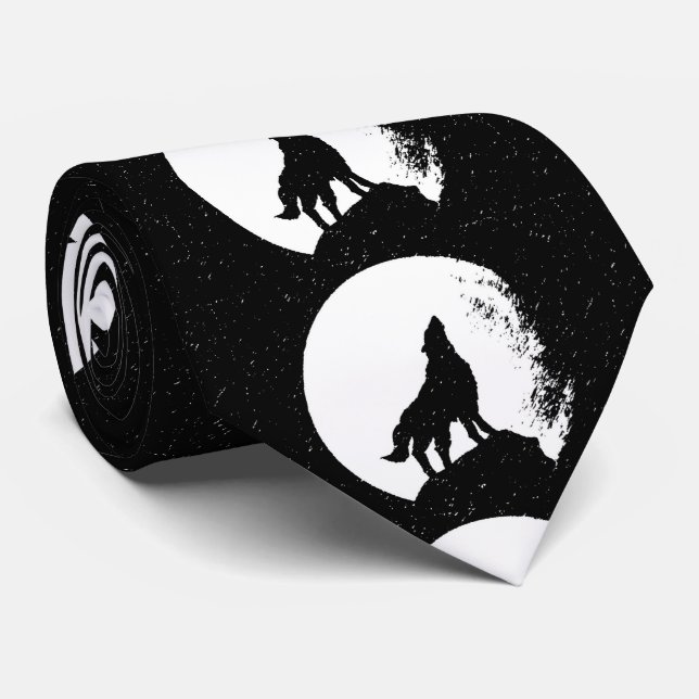 Black White Wolf & Moon Silhouette Tie (Rolled)